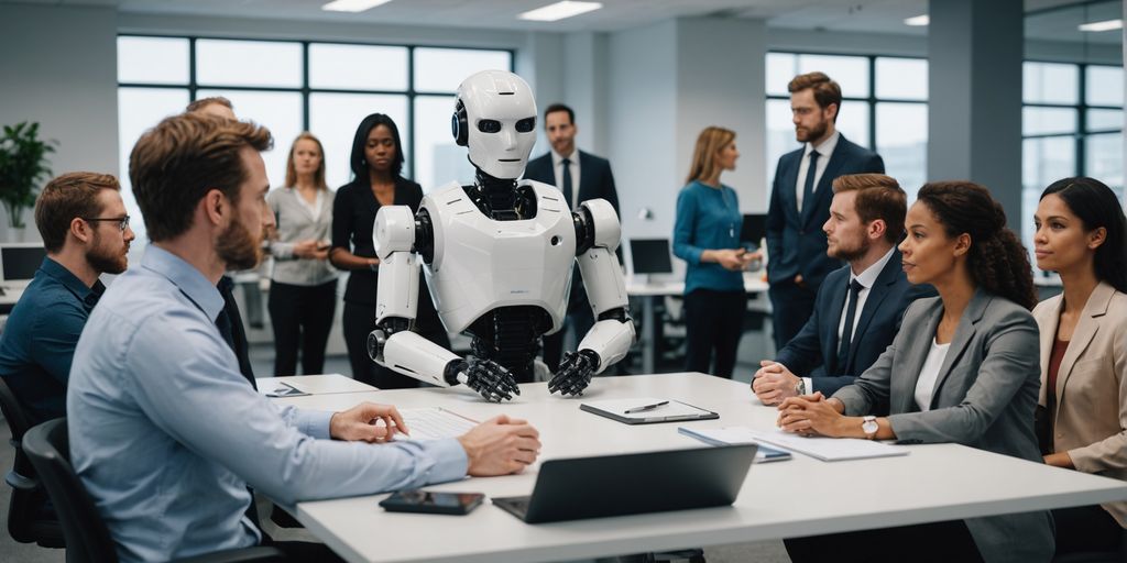 Robot mediating discussion among diverse office workers.
