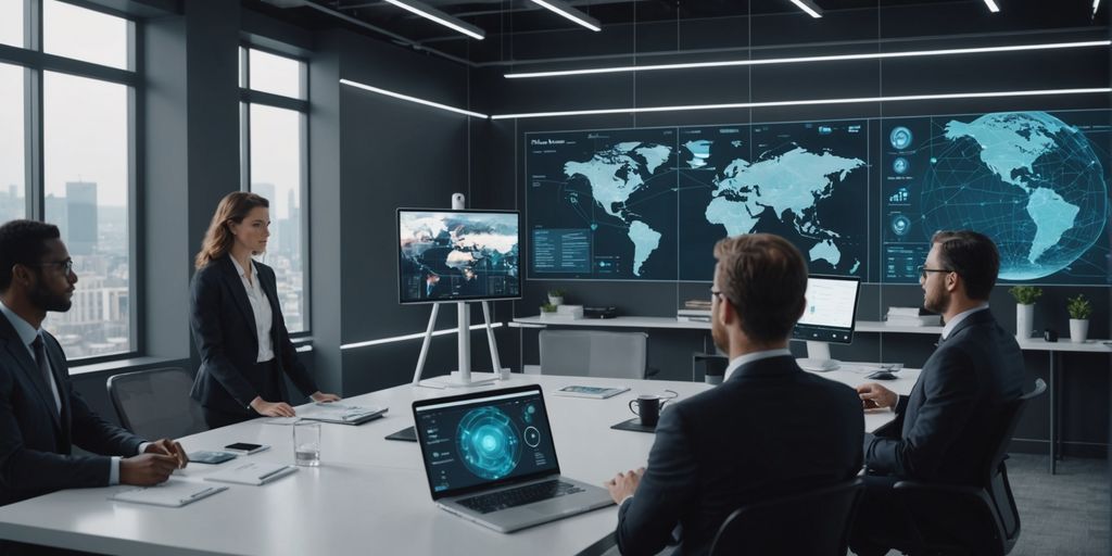 Diverse professionals in office with AI hologram in background.