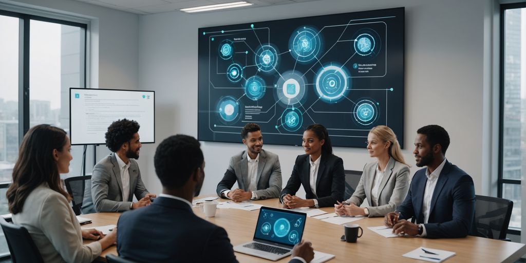 Office meeting with AI holographic interface