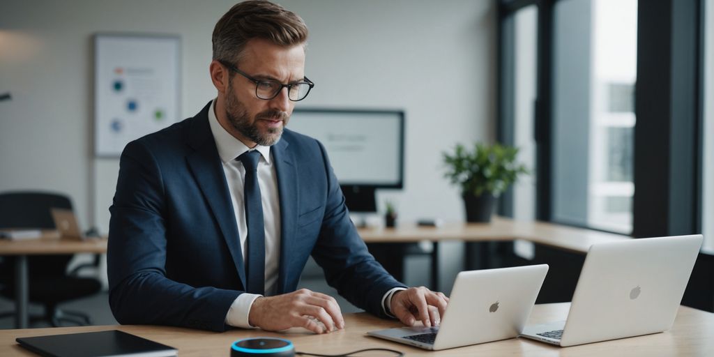 Businessperson setting up voice assistant on laptop