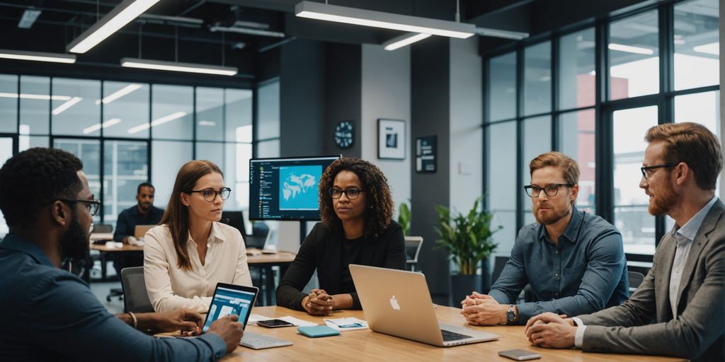 Entrepreneurs brainstorming with AI tools in office.