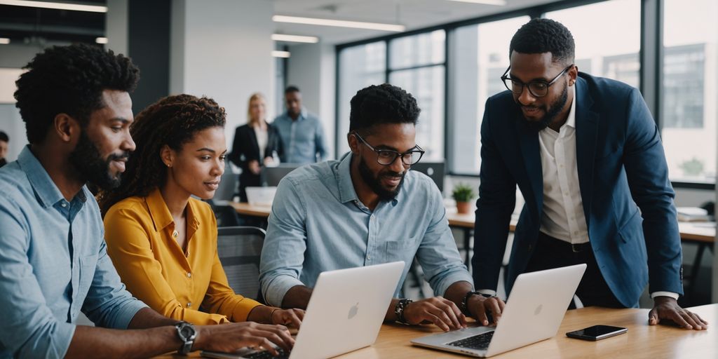 Entrepreneurs using AI tools in a modern office.