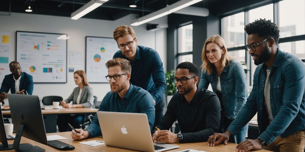 Entrepreneurs collaborating with AI technology in an office.