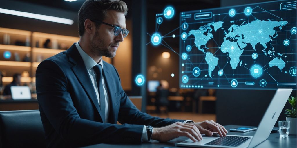 Professional analyzing data with AI holograms and icons.