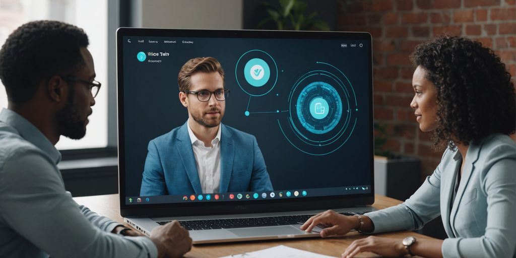 Diverse team discussing AI voice assistant on laptop.