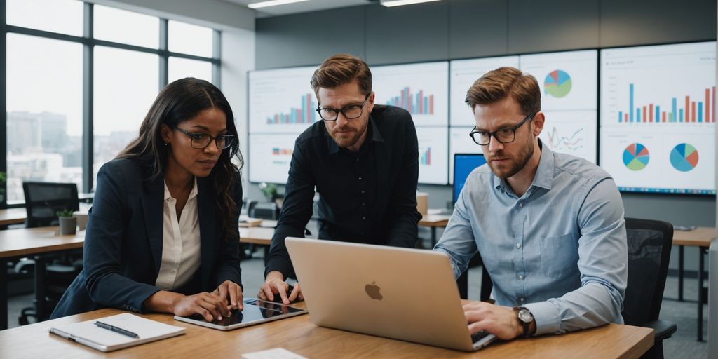 People collaborating with laptops and charts in an office.