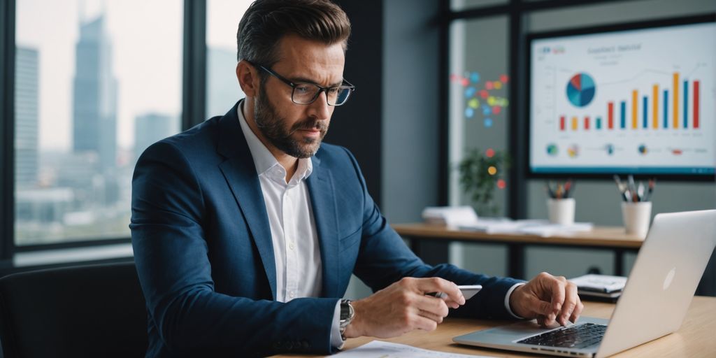 Businessperson using smartphone and laptop in office.