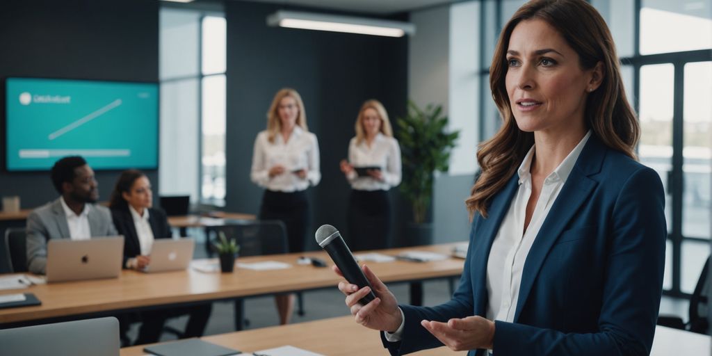 Businesswoman presenting AI voice assistant in office.