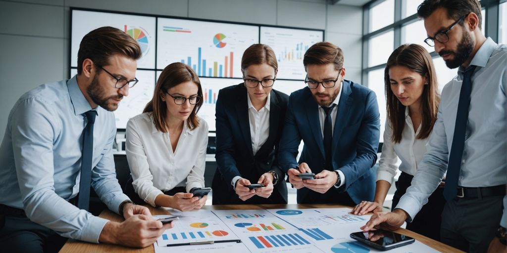 Professionals analyzing smartphone data in modern office