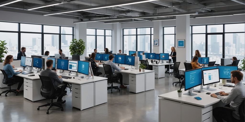 AI devices in modern office with flexible workspaces.