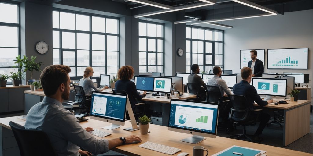 Office with employees using AI time management tools