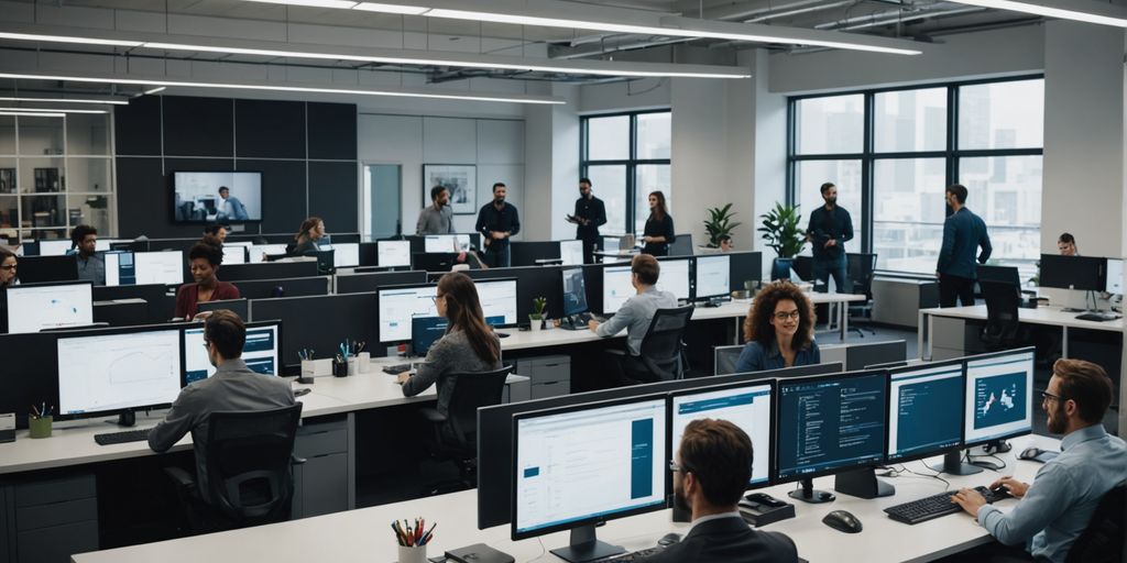 Modern office with employees working on computers.
