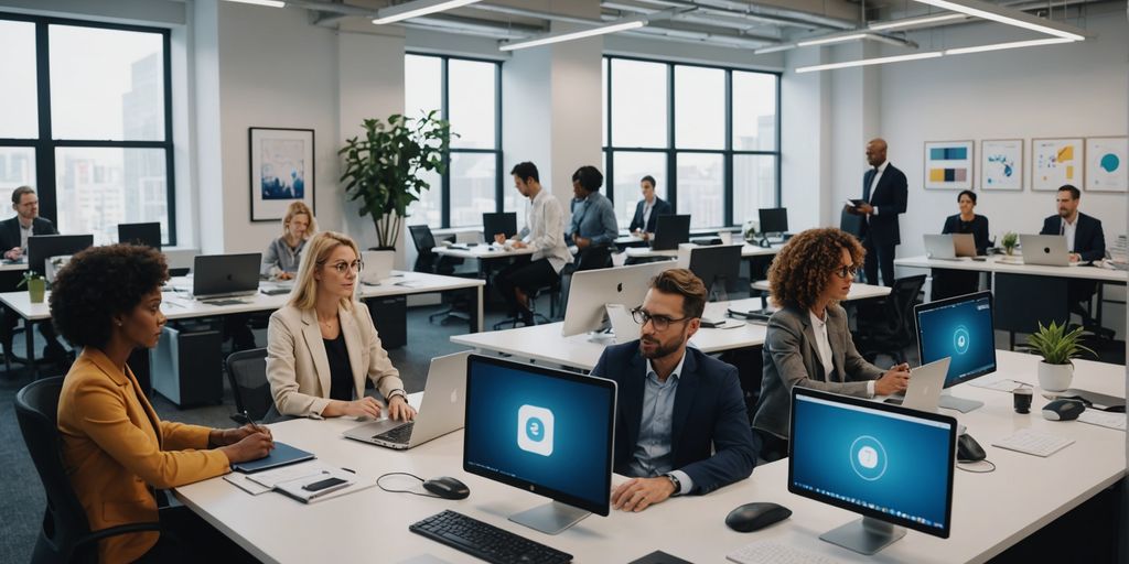 Professionals collaborating in a tech-enhanced office.