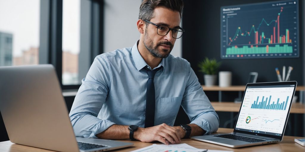 Businessperson analyzing charts on laptop in modern office.