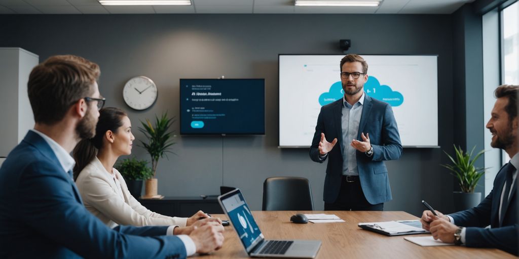 Businessperson presenting AI voice assistant to clients.