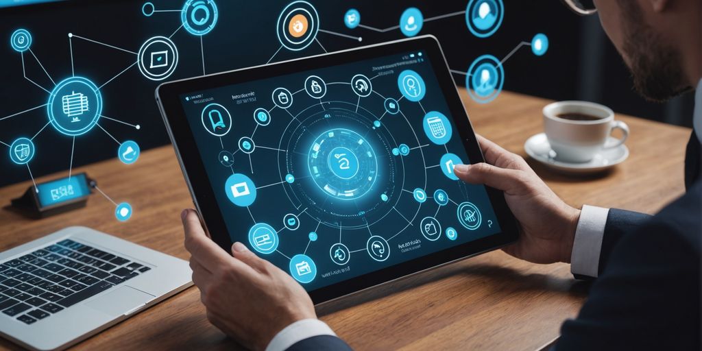 Professional analyzing data with AI icons