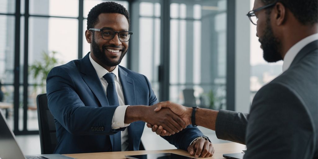 Businessperson shaking hands with a client in office.