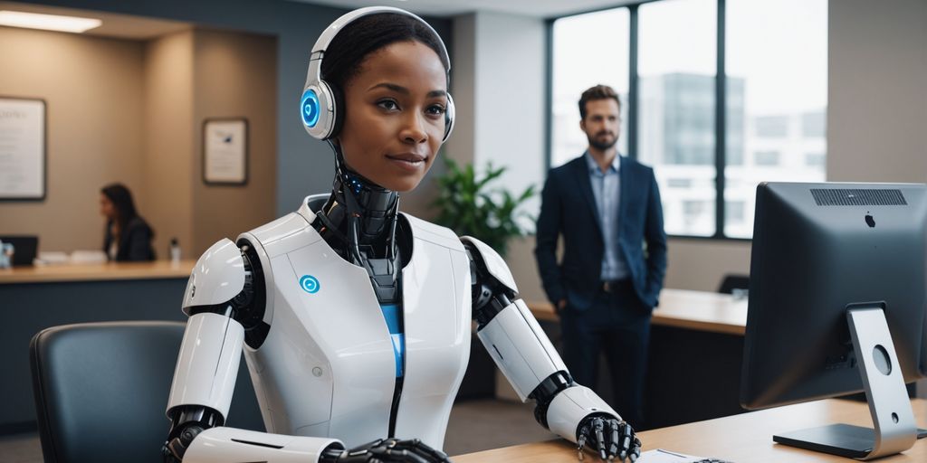 AI robot receptionist at office front desk