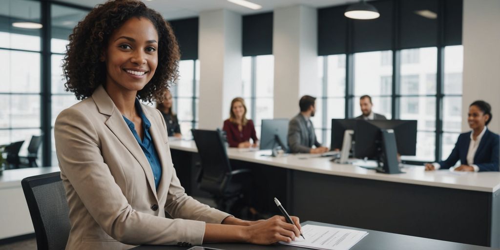 AI receptionist at office desk with customers