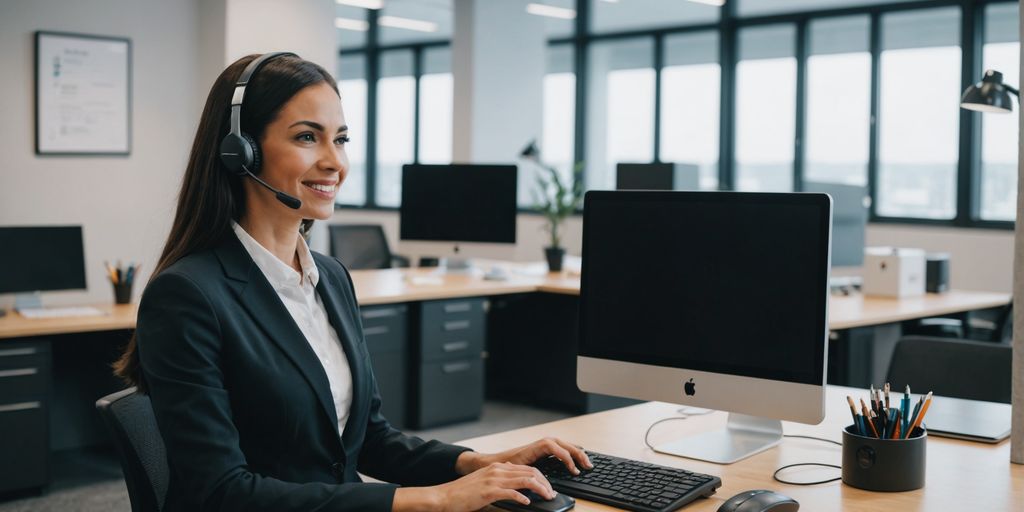 Virtual receptionist on computer in modern office