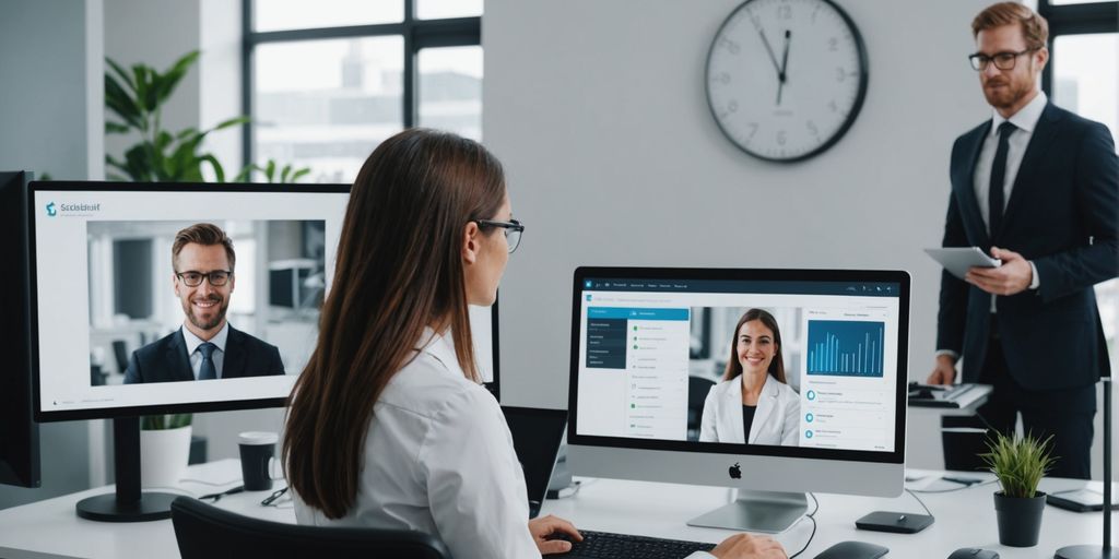 Virtual receptionist in a modern office setting.