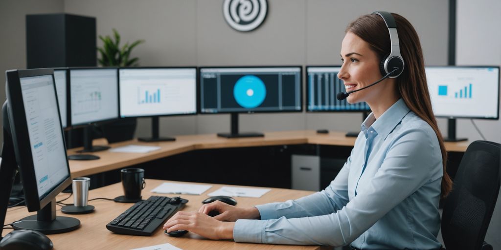 Receptionist with headset in modern office