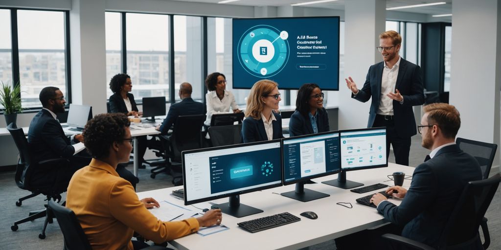 Business professionals collaborating in an office.