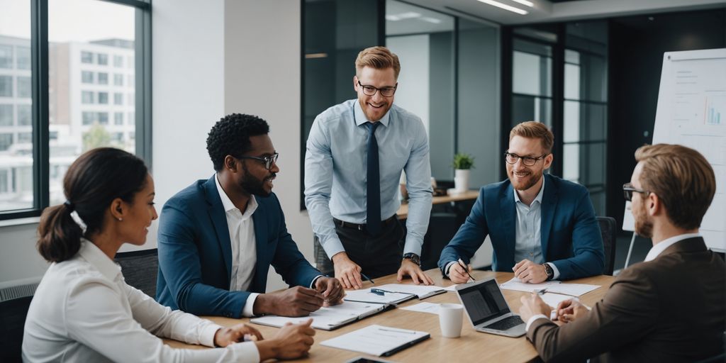 Business meeting on AI customer service solutions