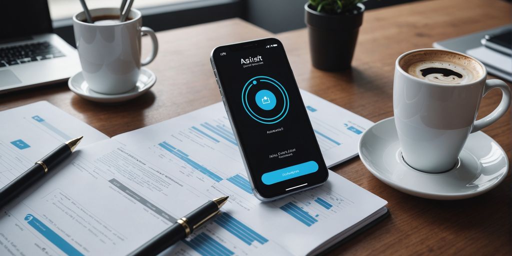 Smartphone with AI assistant in modern office