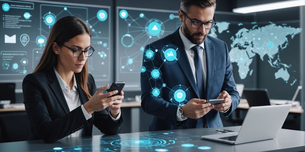 Business professional using smartphone with AI icons