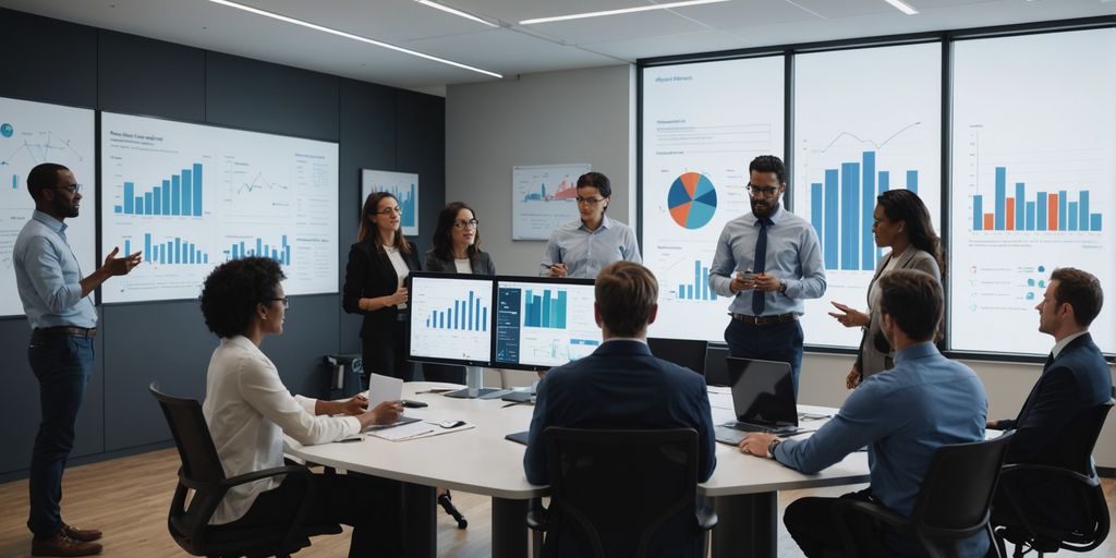 Team collaborating in modern office with charts