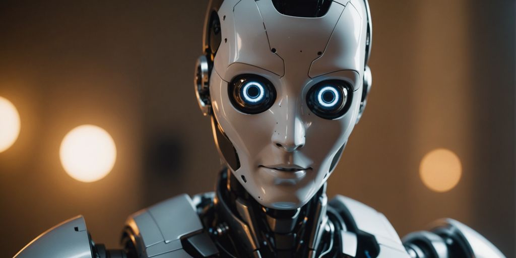 Humanoid robot with expressive eyes in warm light