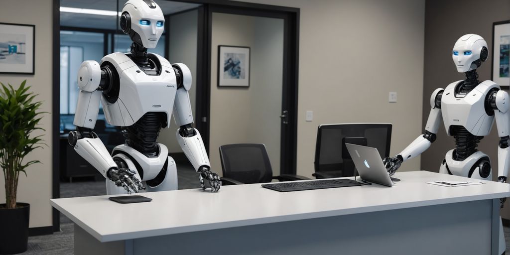 Humanoid robot greeting visitor in modern office reception.