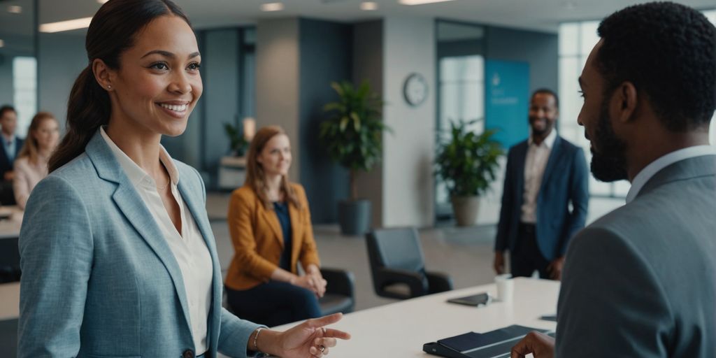 AI receptionist hologram greeting office workers