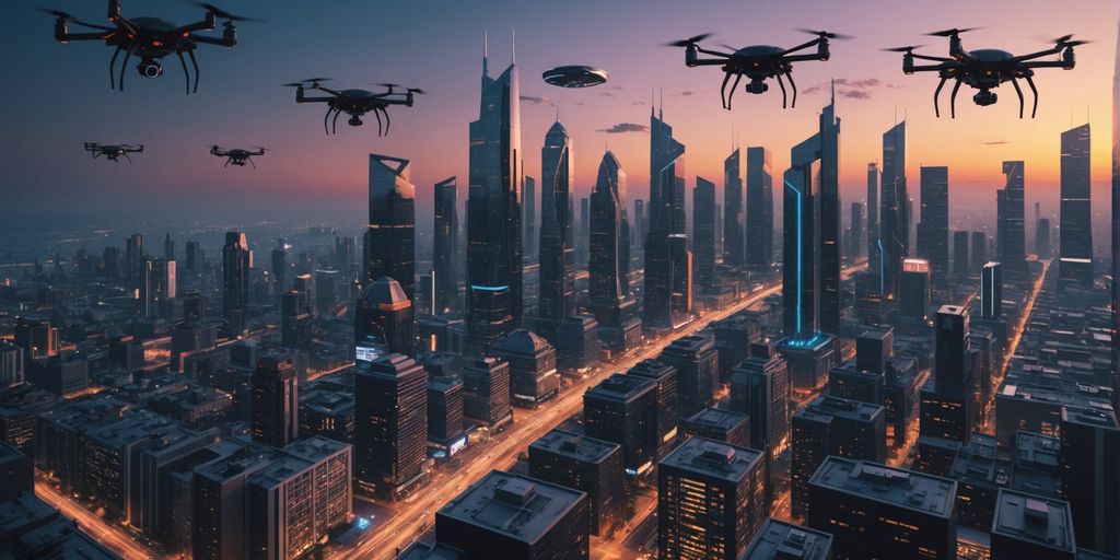 Futuristic cityscape with glowing buildings and flying drones.