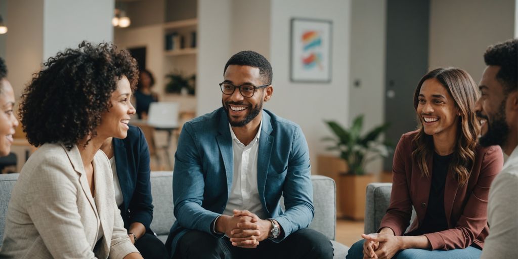 People in conversation showing various emotions