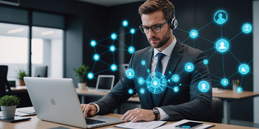 Businessperson multitasking with AI elements and client avatars.