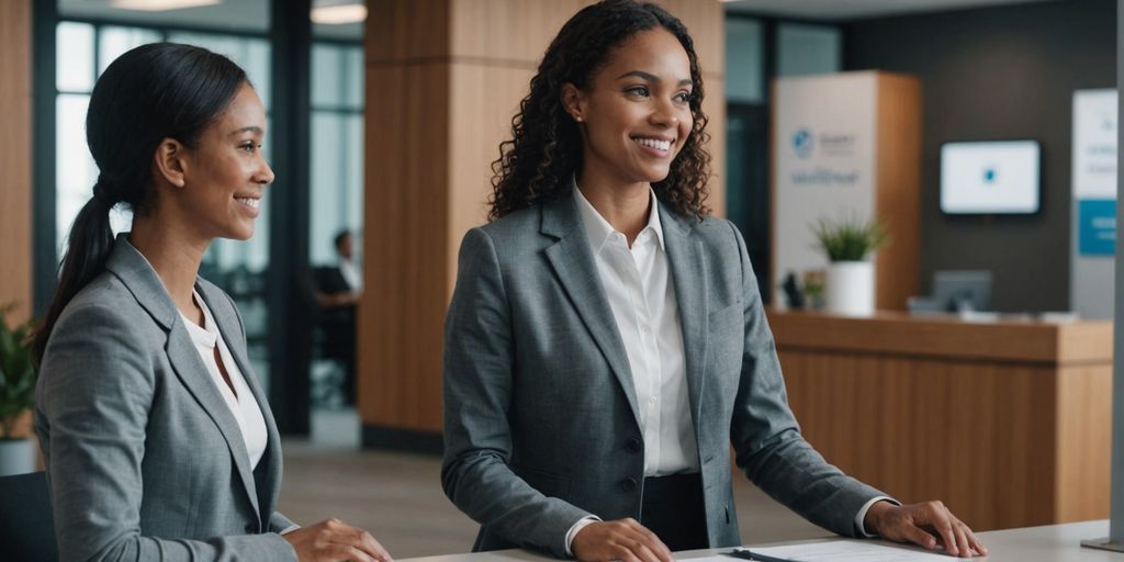 AI receptionist assisting customer in modern office
