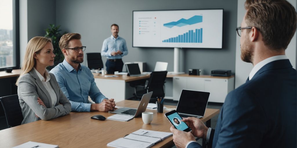 Businessperson presenting AI phone solution to clients