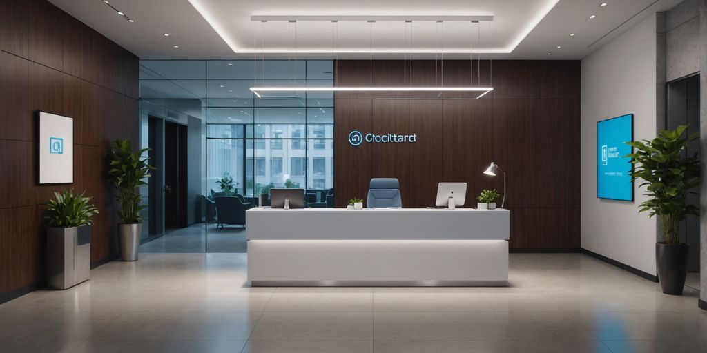 Modern office lobby with AI hologram