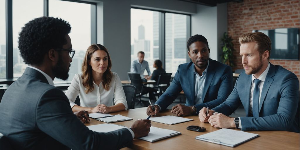 Business meeting discussing AI technology.