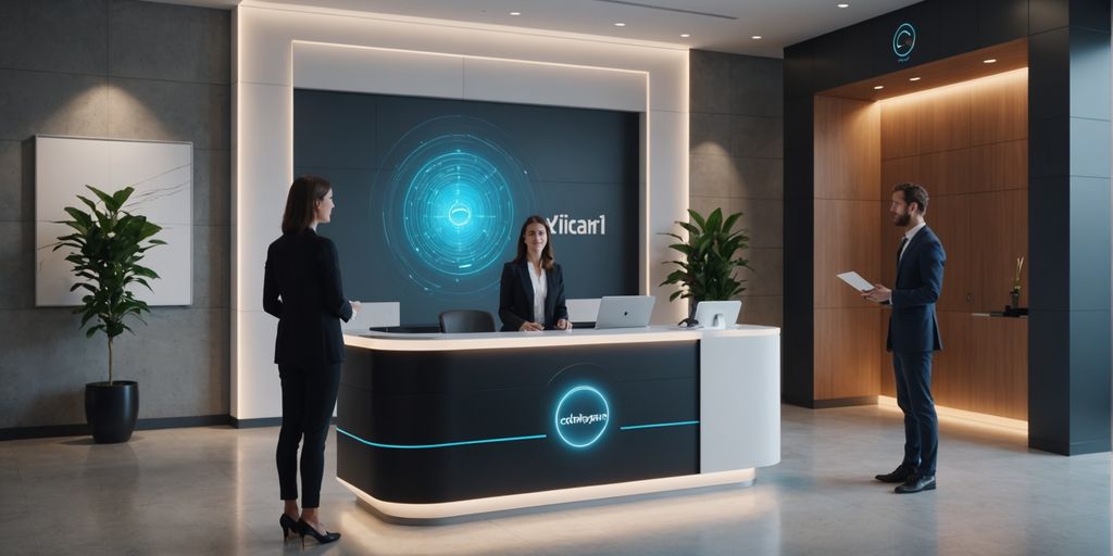 AI hologram receptionist in a modern office lobby