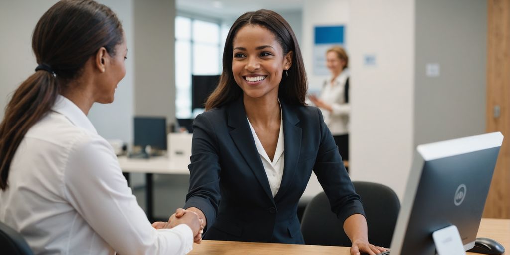 Receptionist at computer, handshake in background