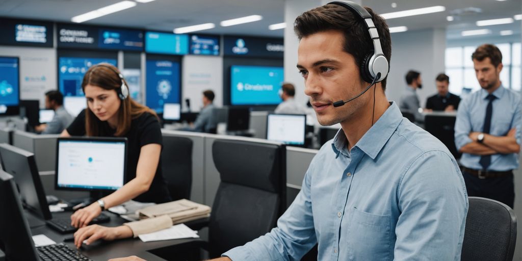 AI machines assisting customers in a busy service center.
