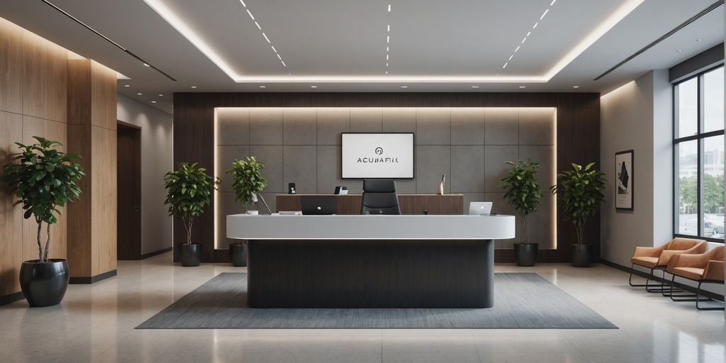 Modern office lobby with sleek, unattended reception desk.