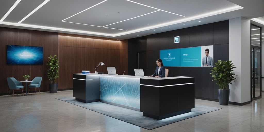 Modern office lobby with holographic AI assistant.