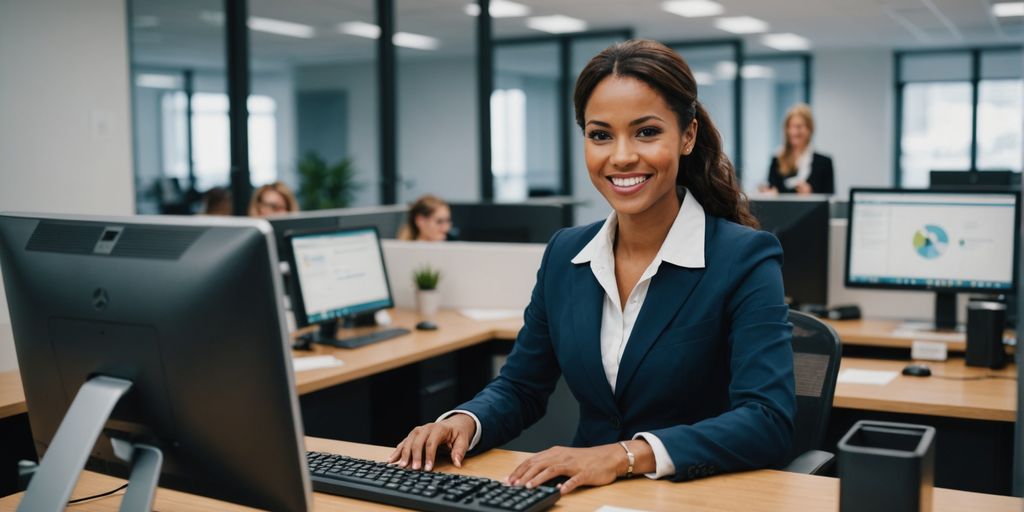 Receptionist working at a computer in an office
