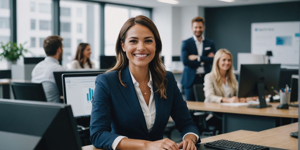Receptionist using AI tools in a modern office.