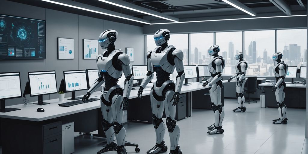 AI robots assisting humans in a modern office