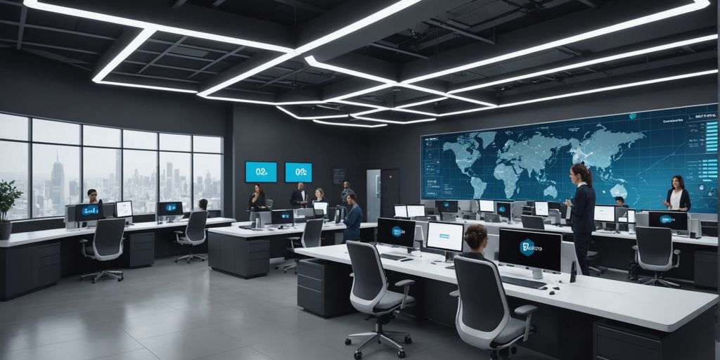 AI machines assisting customers in a high-tech service center